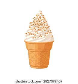 Vanilla Soft Serve Ice Cream in a Waffle Cone with Chopped Nut Toppings Isolated on White Background