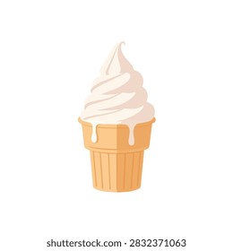 Vanilla soft serve ice cream swirl in wafer cone vector illustration isolated on white background