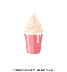 Vanilla soft serve ice cream swirl in a pink cup, isolated vector illustration.