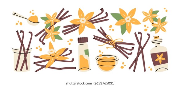 Elementos de especiarias de baunilha em estilo de desenho animado retro. Conjunto culinário: vagens, flores, extrato, açúcar. Ingredientes aromatizantes aromáticos para assar e sobremesas, ilustração em adesivos estilo doodle vintage