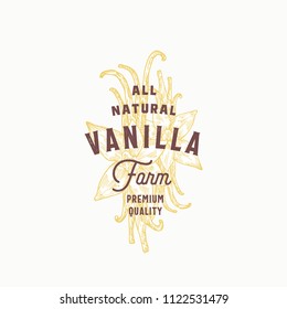 Vanilla Spice Farm Abstract Vector Sign, Symbol or Logo Template. Hand Drawn Vanilla Sticks and Flower with Premium Vintage Typography. Stylish Vintage Vector Emblem Concept. Isolated.