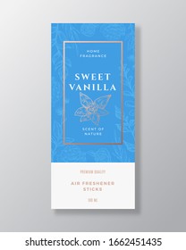 Vanilla Spice Home Fragrance Abstract Vector Label Template. Hand Drawn Sketch Flowers, Leaves Background And Retro Typography. Premium Room Perfume Packaging Design Layout. Realistic Mockup. Isolated