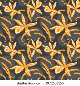 Vanilla stick and floral vector drawn seamless pattern. Vanilla blossom illustration.