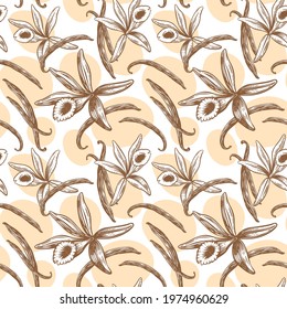 Vanilla stick and floral vector drawn seamless pattern. Vanilla blossom illustration.
