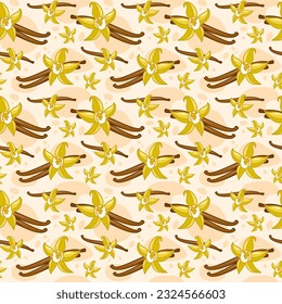 Vanilla stick and floral vector seamless pattern in cartoon vector style. Vanilla Flower fragrance illustration