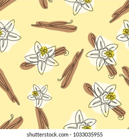 Vanilla stick and flower vector hand drawn seamless pattern. Flavor vanilla blossom illustration