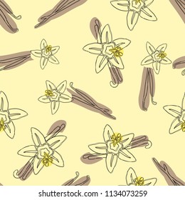 Vanilla stick and flower vector hand drawn seamless pattern. Flavor vanilla blossom illustration