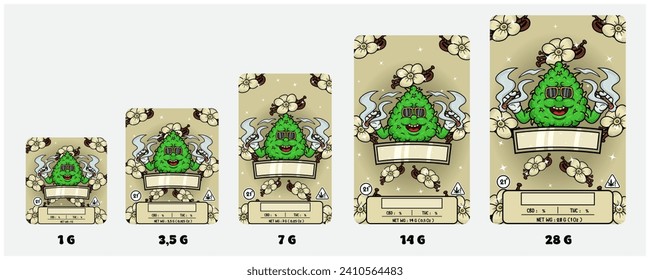 Cepas de vainilla y maleza con dibujos animados de mascota para fumadores. Cubierta de embalaje del producto con 1G, 3,5G, 7G, 14G y 28G. Tamaño escalable sin perder la calidad y capas bien organizadas. Vectores.