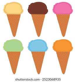 vanilla and strawberry 6 chocolate ice cream scoop in waffle Ice Cream Cone vector