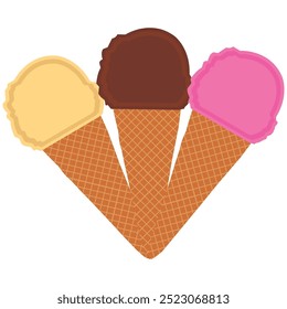 vanilla and strawberry chocolate ice cream scoop in waffle Ice Cream Cone vector.