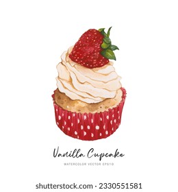 Vanilla strawberry cupcake dessert, watercolor food painting vector design isolated on white background