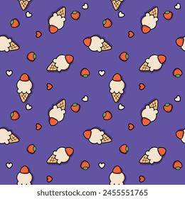 Vanilla strawberry ice cream cartoon so cute. On strawberry heart purple background. Pattern seamless vector illustration. 