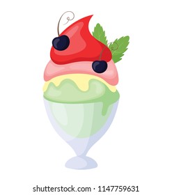 
Vanilla, strawberry and raspberry sundae dish ice cream with blueberries in cup

