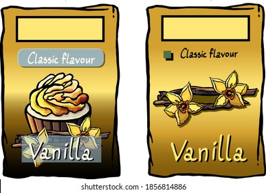 Vanilla sugar packaging template, vanilla seasoning, package, wrapping, yellow, dessert, cafe, vanillin, flower, cartoon style, layout, cooking, shop, spice, ingredient, gastronomy, frame, delicious
