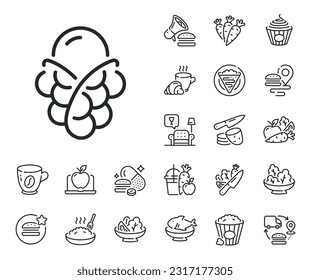 Vanilla sundae cone sign. Crepe, sweet popcorn and salad outline icons. Ice cream bubble waffle line icon. Frozen summer dessert symbol. Ice cream line sign. Pasta spaghetti, fresh juice icon. Vector