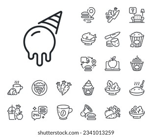 Vanilla sundae cone sign. Crepe, sweet popcorn and salad outline icons. Ice cream line icon. Frozen summer dessert symbol. Ice cream line sign. Pasta spaghetti, fresh juice icon. Supply chain. Vector