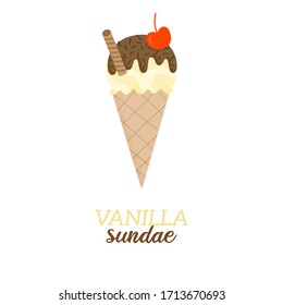 Vanilla sundae scoop ice cream vector illustration. Sweet dairy or vegan vanilla flavored ice cream with chocolate drizzle and sprinkles and cherry on top in waffle cone. Isolated.  