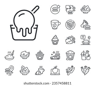 Vanilla sundae sign. Crepe, sweet popcorn and salad outline icons. Ice cream cup line icon. Frozen summer dessert symbol. Ice cream line sign. Pasta spaghetti, fresh juice icon. Supply chain. Vector