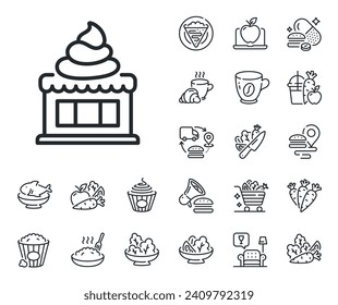 Vanilla sundae sign. Crepe, sweet popcorn and salad outline icons. Ice cream shop line icon. Frozen summer dessert symbol. Ice cream line sign. Pasta spaghetti, fresh juice icon. Supply chain. Vector