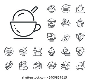 Vanilla sundae sign. Crepe, sweet popcorn and salad outline icons. Coffee cup with ice cream line icon. Frozen summer dessert symbol. Ice cream line sign. Pasta spaghetti, fresh juice icon. Vector