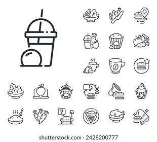 Vanilla sundae sign. Crepe, sweet popcorn and salad outline icons. Ice cream milkshake line icon. Frozen summer dessert symbol. Ice cream milkshake line sign. Pasta spaghetti, fresh juice icon. Vector