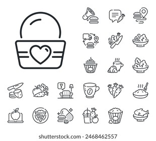 Vanilla sundae sign. Crepe, sweet popcorn and salad outline icons. Ice cream cup line icon. Frozen summer dessert symbol. Ice cream line sign. Pasta spaghetti, fresh juice icon. Supply chain. Vector