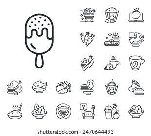 Vanilla sundae sign. Crepe, sweet popcorn and salad outline icons. Ice cream on stick line icon. Frozen summer dessert symbol. Ice cream line sign. Pasta spaghetti, fresh juice icon. Vector