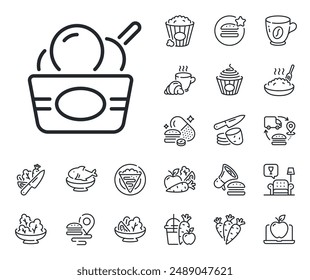 Vanilla sundae sign. Crepe, sweet popcorn and salad outline icons. Ice cream cup line icon. Frozen summer dessert symbol. Ice cream line sign. Pasta spaghetti, fresh juice icon. Supply chain. Vector