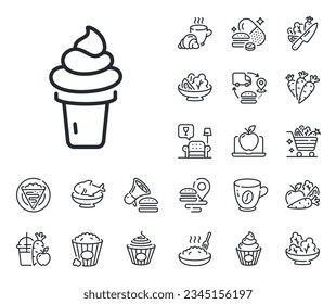 Vanilla sundae waffle cone sign. Crepe, sweet popcorn and salad outline icons. Ice cream cone line icon. Frozen summer dessert symbol. Ice cream line sign. Pasta spaghetti, fresh juice icon. Vector