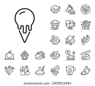 Vanilla sundae waffle cone sign. Crepe, sweet popcorn and salad outline icons. Ice cream cone line icon. Frozen summer dessert symbol. Ice cream line sign. Pasta spaghetti, fresh juice icon. Vector