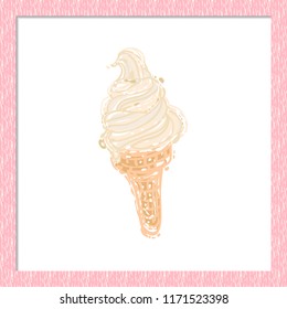 The vanilla swirl ice cream cone. Hand drawn sketch with delight dessert. Decorative style food illustration inspired by summer sweets. Isolated object on white background inside a pink wooden frame.