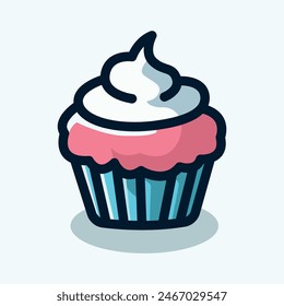 Vanille weiß und rosa Cupcake handgezeichnete Illustration mit blauer Tasse
