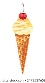 
Vanilla-cherry ice cream in a cartoon style.Vector illustration of a delicious and sweet scoop of ice cream with a red cocktail cherry in a waffle cup isolated on a white background. Cooling dessert.