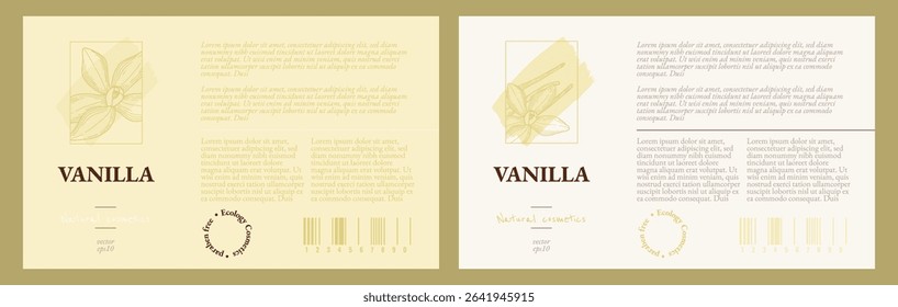 Vanilla-scented cream package labels set. Packaging of Vanilla cosmetics for skin. Aromatherapy and spa. Design template with hand drawn graphics.
