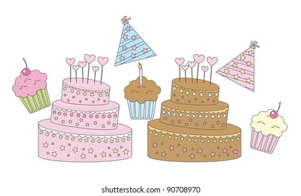 vanilla,strawberry and chocolate cupcakes vector illustration