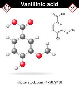 Vanillic acid molecule flavoring agent, chemical formula and molecular structure, 2d and 3d vector illustration, isolated on white background, eps 8