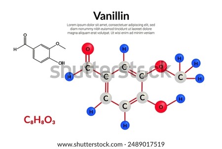 Vanillin flavor compound, molecular structure formula, ball-and-stick model, suitable for education or chemistry science content. Vector illustration