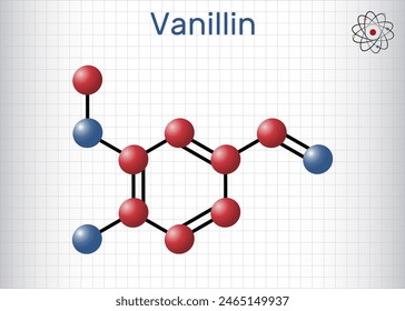 Vanillin-Molekül. Es ist eine Geschmacksverbindung. In: Molecule Model. Blatt Papier in einem Käfig. Vektorillustration