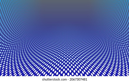 Vanishing dots vector abstract background in dark blue minimal style and place for text, technology theme halftone points gradient in motion, in 3D perspective.