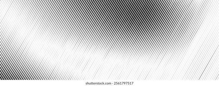 Vanishing linear gradient texture. Black diagonal stripe gradation background. Thin to thick fade slanted pattern backdrop. Vector oblique parallel stroke wallpaper for overlay, print, cover, banner