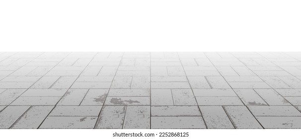 Vanishing perspective concrete crossed block pavement vector background with texture. Tile floor surface. City street road or walkway with grid stone pattern. Patio exterior. Panoramic landscape