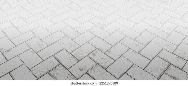 Vanishing perspective concrete herringbone block floor pavement vector background with texture. Tile surface. City street road or walkway with grid stone pattern. Patio exterior. Panoramic landscape