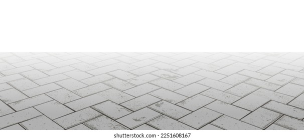 Vanishing perspective concrete herringbone block pavement vector background with texture. Tile floor surface. City street road or walkway with grid stone pattern. Patio exterior. Panoramic landscape