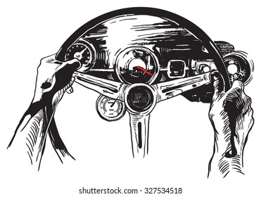 Vanishing Point. The first reason to love USA. An hand drawn vector, Freehand sketch. Muscle car interior - it is not about any particular car interior, logos are devised by author of the illustration