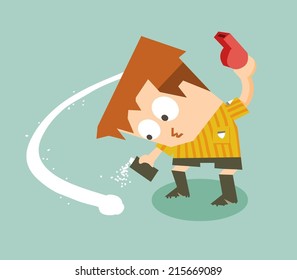 Vanishing Spray And Referee In Soccer Game. Flat Vector Illustration