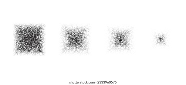 Desvaneciendo conjunto de texturas cuadradas estilizadas. Colección de elementos de rectángulo de aguijón con puntos que desaparecen de negro. Las formas de trabajo de los puntos de grano de ruido que se desvanecen. Los tonos medios y las sombras afectan al conjunto de ilustraciones. Paquete de vectores