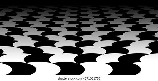Vanishing surface with alternating black white circles. 3d surface in perspective. Vector background.