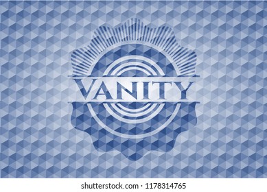 Vanity blue badge with geometric pattern background.