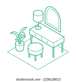 Vanity isometric outline simple vector illustration. Desk with chair, mirror, lamp and plant. Minimalistic outline design with optional white fill. All objects are separate. Isolated.