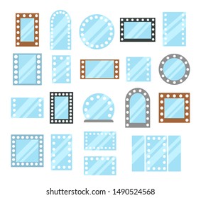 Vanity LED lighted mirrors. Rectangular & round makeup mirrors with light bulbs. Flat icon set. Framed & frameless reflection surfaces. Isolated objects on white background
